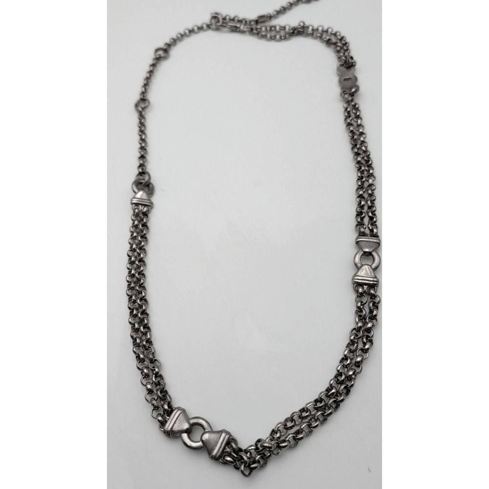 Vintage Silver‎ Tone Double Strand Rolo Chain Necklace Heart Charm Adjustable